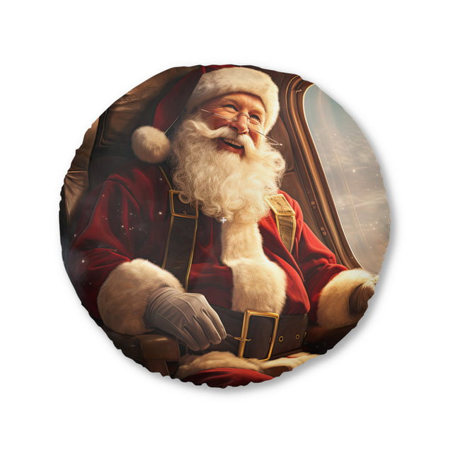 SANTA CLAUS #6  ON THE PLANE Tufted Floor Pillow, Round