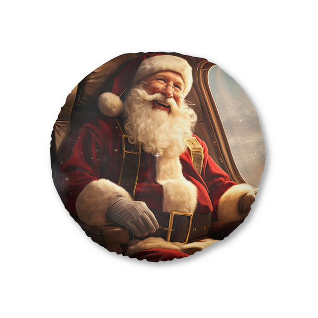 SANTA CLAUS #6  ON THE PLANE Tufted Floor Pillow, Round