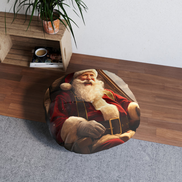 SANTA CLAUS #6  ON THE PLANE Tufted Floor Pillow, Round