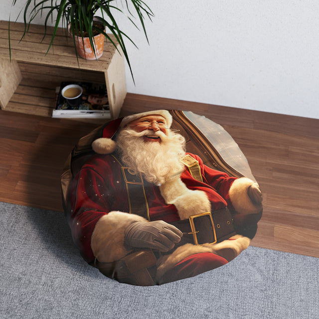 SANTA CLAUS #6  ON THE PLANE Tufted Floor Pillow, Round